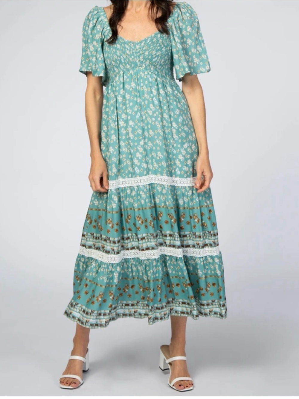 In Loom Teal Floral Maxi Dress Flutter Sleeves Lace Coquette Cottagecore medium